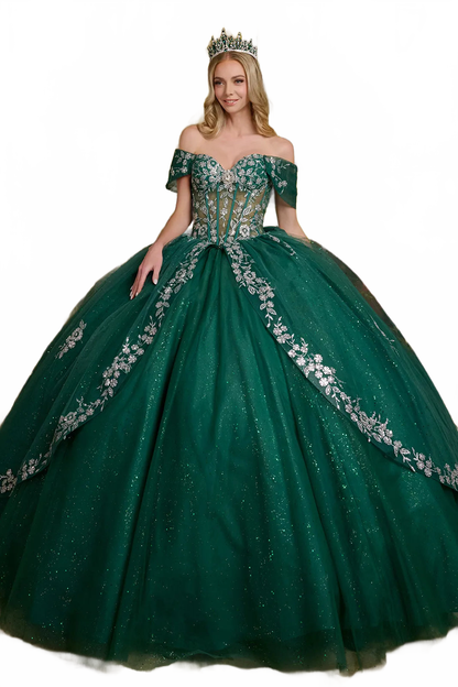 Green and Silver Quinceanera Dress Off Shoulder Ball Gown by Elizabeth K GL3636