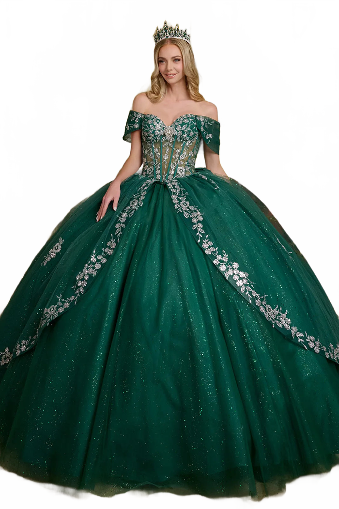 Green and Silver Quinceanera Dress Off Shoulder Ball Gown by Elizabeth K GL3636
