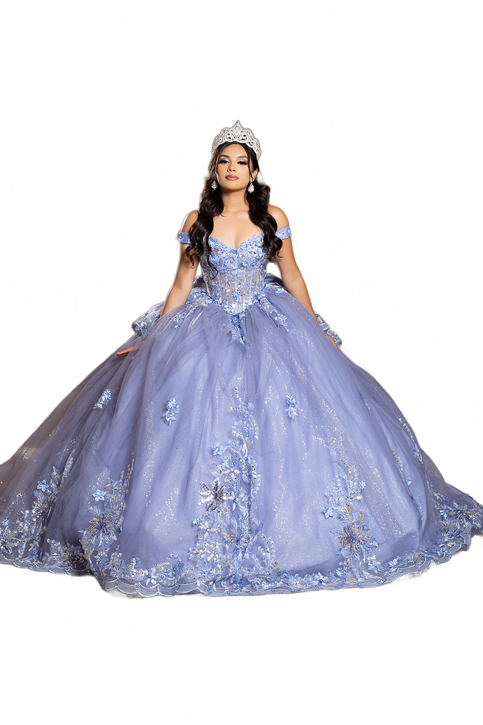 Luxurious Off The Shoulder Quinceañera Ball Gown with 3D Floral Appliqués Glitter Tulle Skirt by Layla K LK286