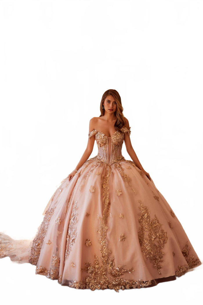 3D Butterfly Off Shoulder Ball Gown by Juliet JT1485J