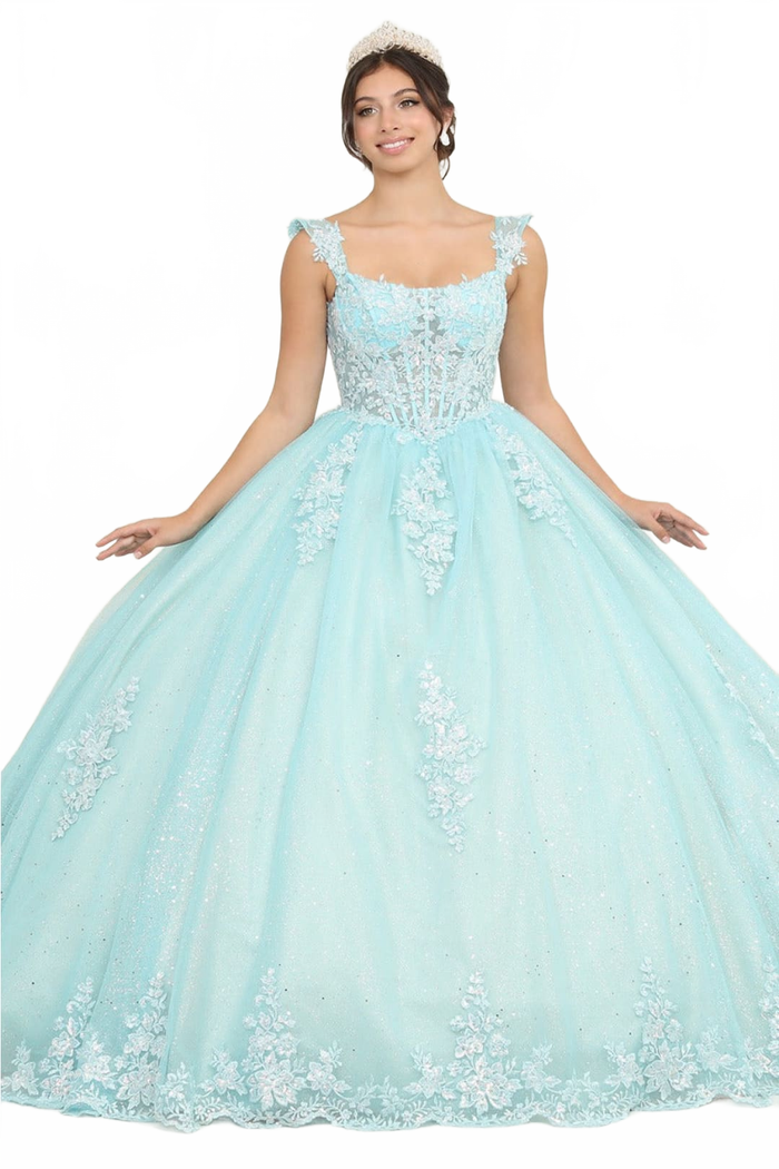 Layla K LK253 Floral Sheer Corset Glitter Tiffany/BlueNude Ball Gown