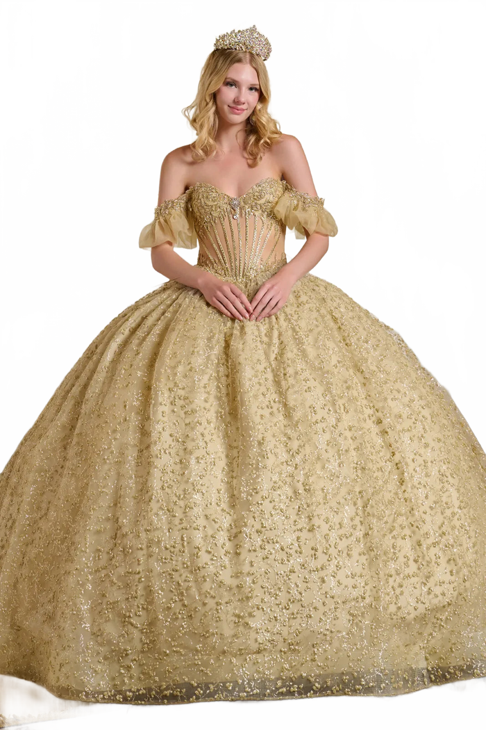 Gold Quinceanera Dress Off Shoulder Ball Gown by Elizabeth K GL3632
