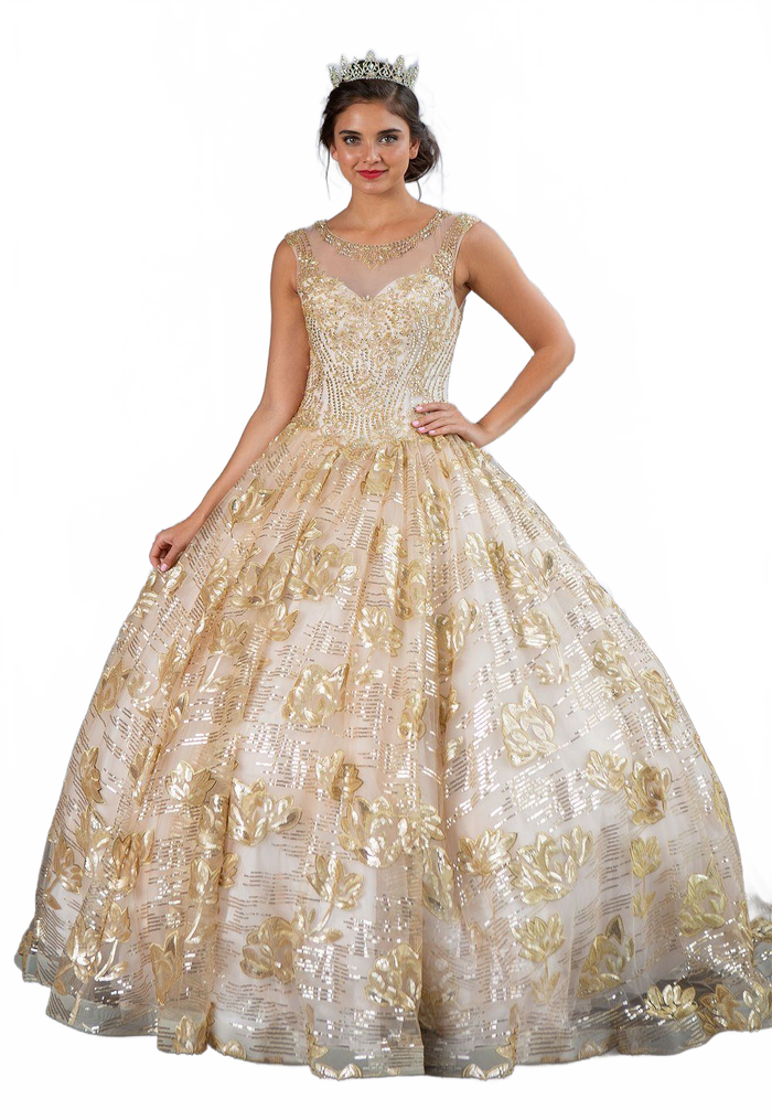 Champagne and Gold Quinceanera Dress Floral Sequin Illusion Ball Gown by Calla KY-77239