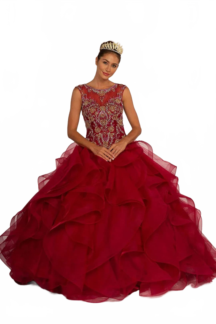 Beaded Illusion Ball Gown With Ruffled Skirt by Elizabeth KGL2511