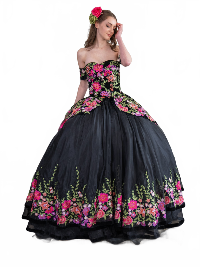 Black Floral Charro Quinceanera Dress Off-Shoulder Ball Gown by Calla SCL30016