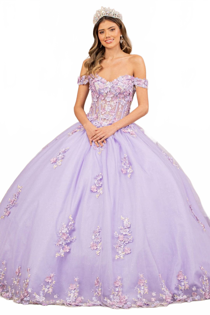 Off Shoulder Sheer Corset Ball Gown by Elizabeth K GL3182