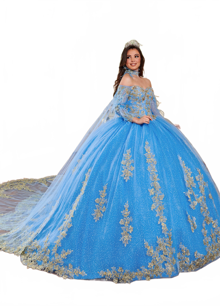 Rachel Allan RQ2167 Feather Cape Sleeve Quinceanera Dress