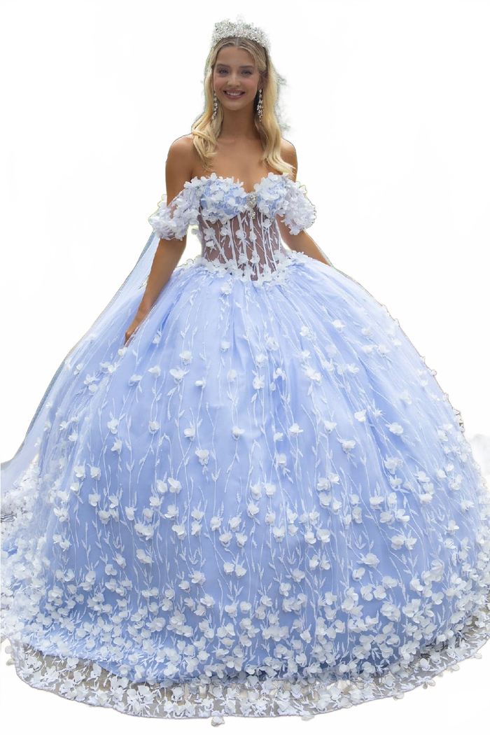 3D Floral Cape Sleeve Ball Gown by GLS Gloria GL3571