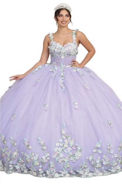 Layla K LK249 Lilac/Multi Floral Spaghetti Strap Quinceanera Gown