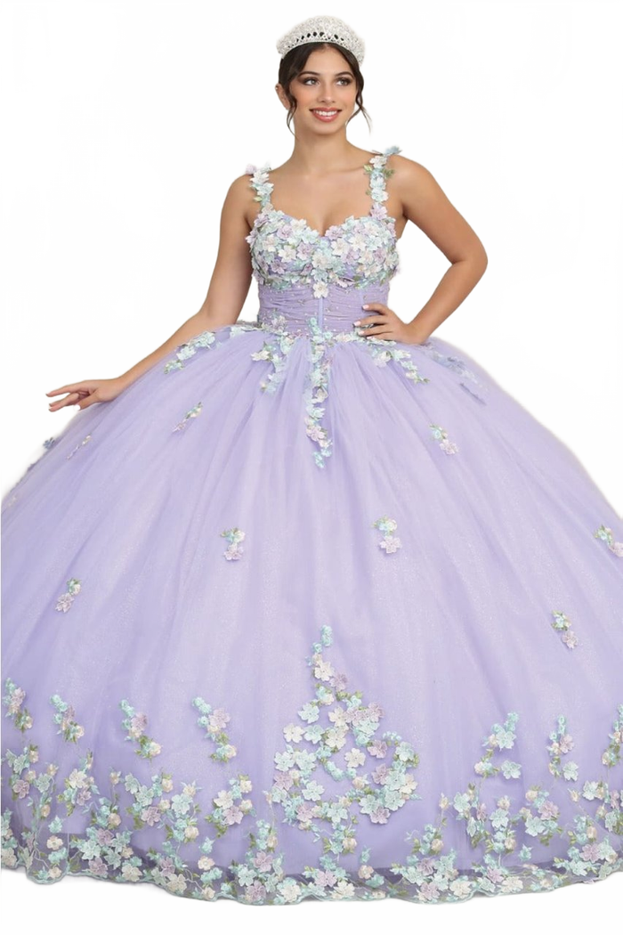 Layla K LK249 Lilac/Multi Floral Spaghetti Strap Quinceanera Gown