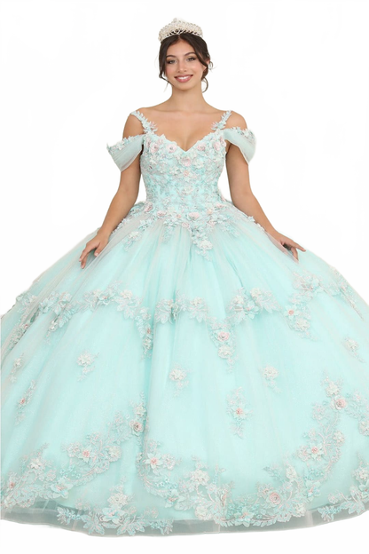 Layla K LK258 V-neck Mint Floral Masquerade Ball Gown