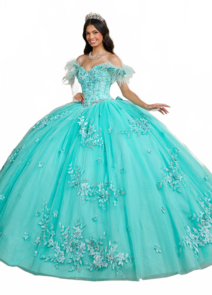 Rachel Allan RQ2186 Off Shoulder Feather Quinceanera Dress