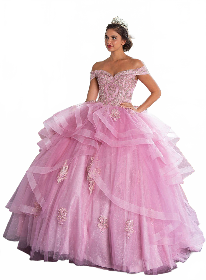 Layered Off-Shoulder Glitter Quinceañera Dress by Calla KY-018383