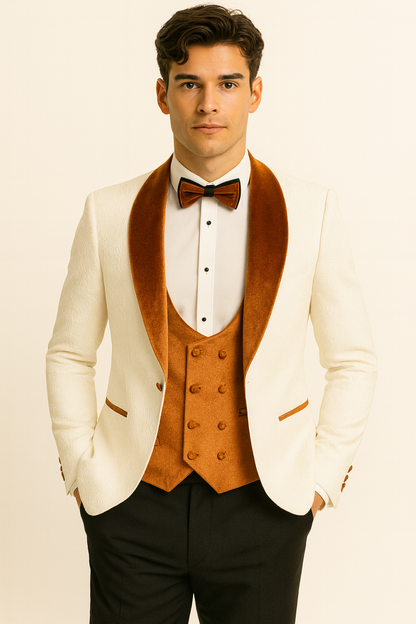 Mens Groom Wedding Shawl Collar - Paisley Burnt Orange Velvet 4pc Suit W/ Matching Bowtie