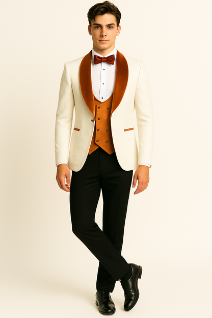 Mens Groom Wedding Shawl Collar - Paisley Burnt Orange Velvet 4pc Suit W/ Matching Bowtie