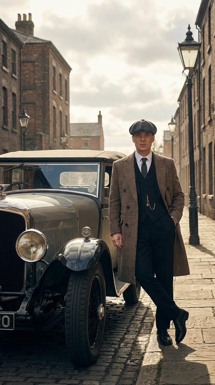 Mens Peaky Blinders Gray Plaid Double Breasted Overcoat + Suit  Peaky Blinders Vintage Wool Blend Coat 1920's