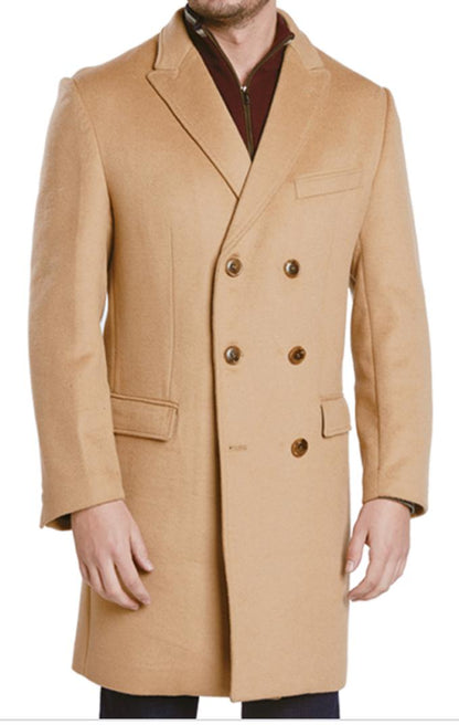 Mens Camel Brown Double Breasted Wool Overcoat + Suit – Peaky Blinders Inspired Vintage Long Trench Coat with Lapel Collar