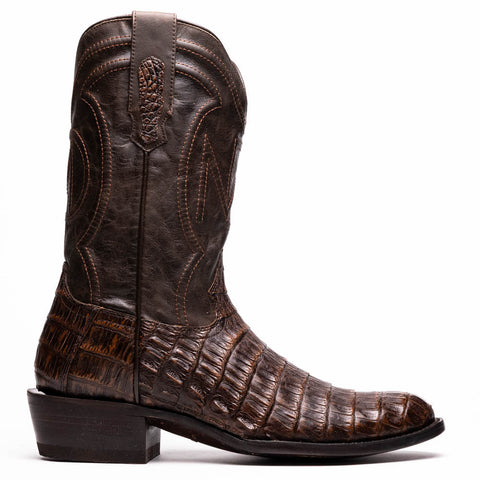 Marco Di Milano Phoenix Aged Brown Caiman Crocodile Round Toe Cowboy Boots