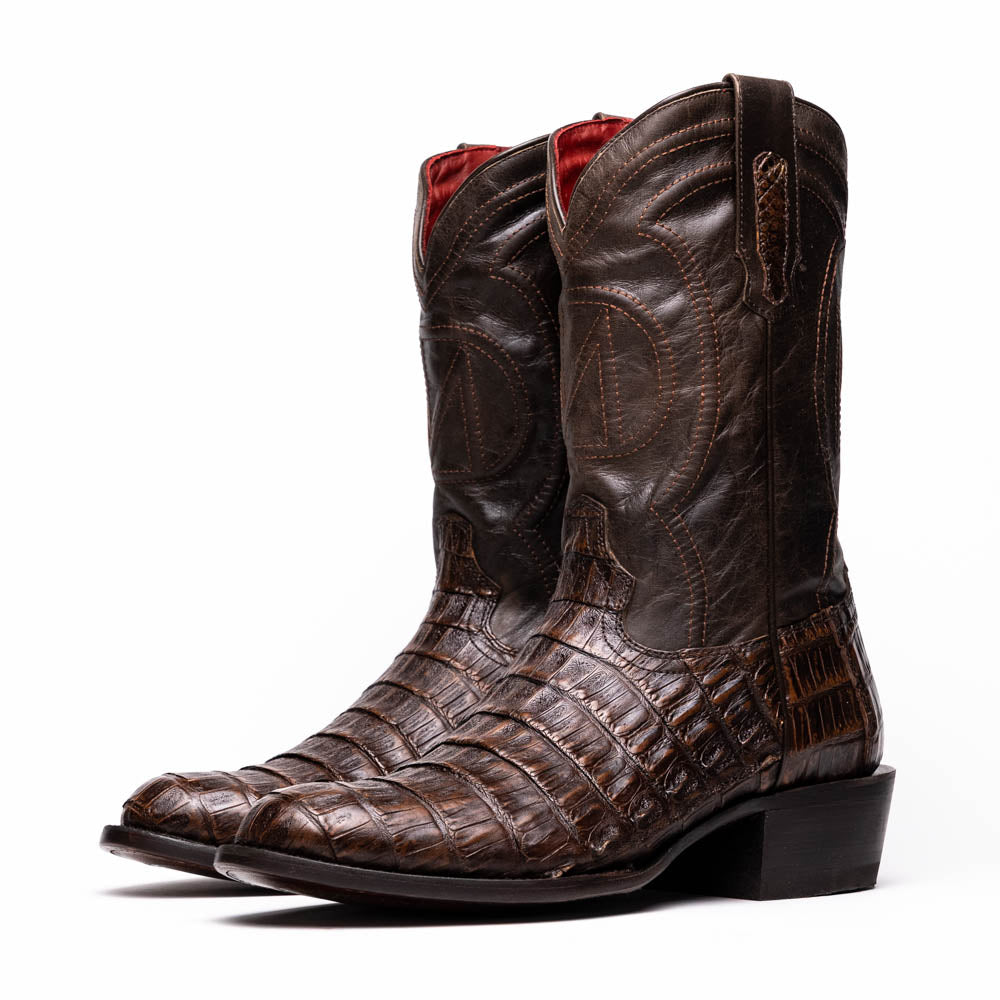Marco Di Milano Phoenix Aged Brown Caiman Crocodile Round Toe Cowboy Boots