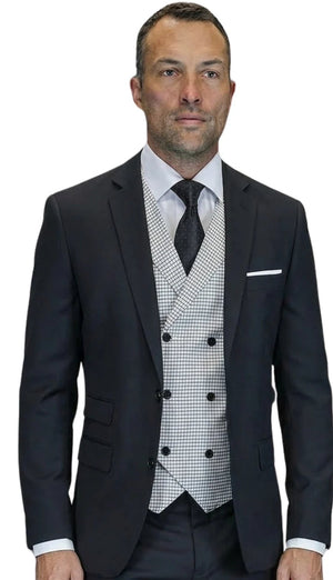 Mens Wool Suit With Houndstooth DB Vest in Color "Black" Modern Fit By Statement 1920's Great Gatsby Vintage