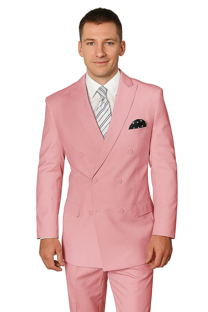 Elegant Men's Double-Breasted Wool Suit in Soft Blush Pink