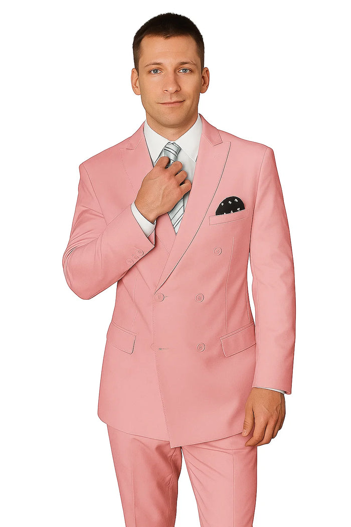 Elegant Men's Double-Breasted Wool Suit in Soft Blush Pink