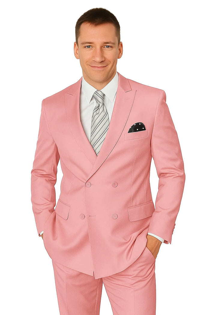 Elegant Men's Double-Breasted Wool Suit in Soft Blush Pink