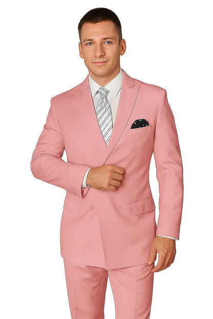 Elegant Mens Double-Breasted Wool Suit in Soft Blush Pink