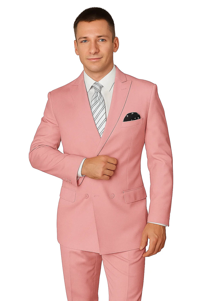 Elegant Men's Double-Breasted Wool Suit in Soft Blush Pink