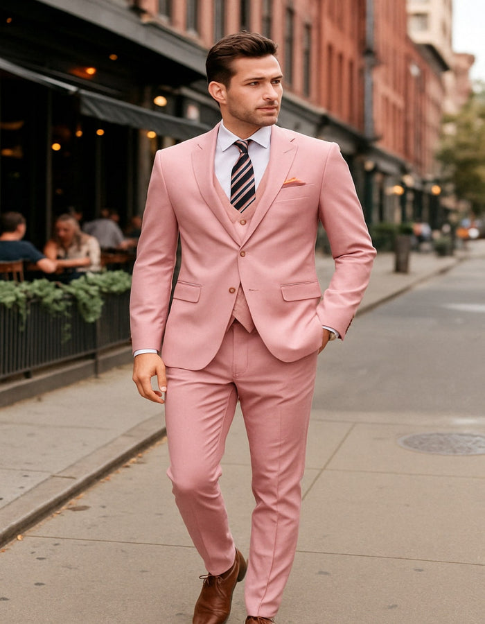 Mens Pink 3-Piece Slim Fit Suit  Formal Wedding and Prom Outfit with Vest