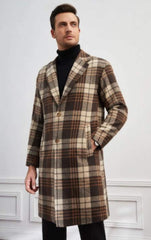 Mens Overcoat - Topcoat For Men - Winter Fabric-Men Plaid Lapel Neck Slant Pockets Overcoat - Men's Tuxedo USA