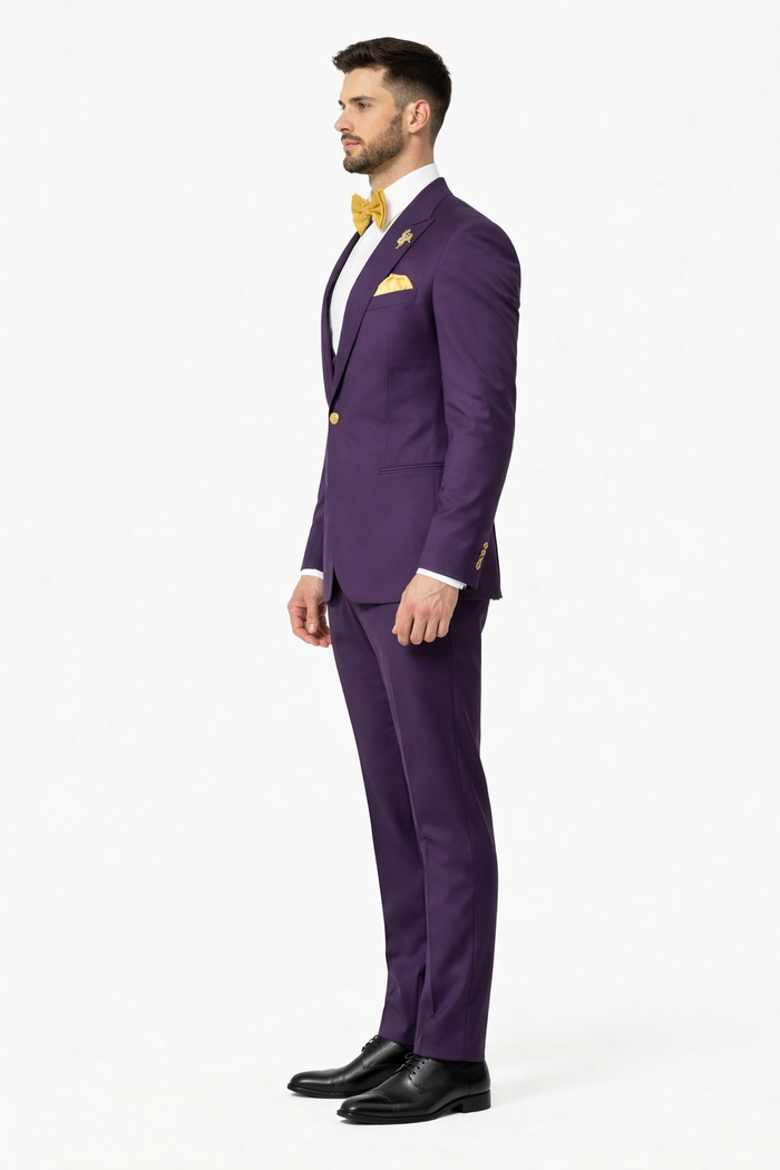 Plum Suit - Purple Suit With Gold Buttons With Double Breasted Vest - Rossiman Suits