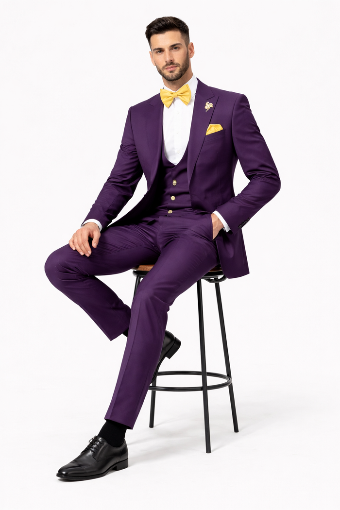 Plum Suit - Purple Suit With Gold Buttons With Double Breasted Vest - Rossiman Suits