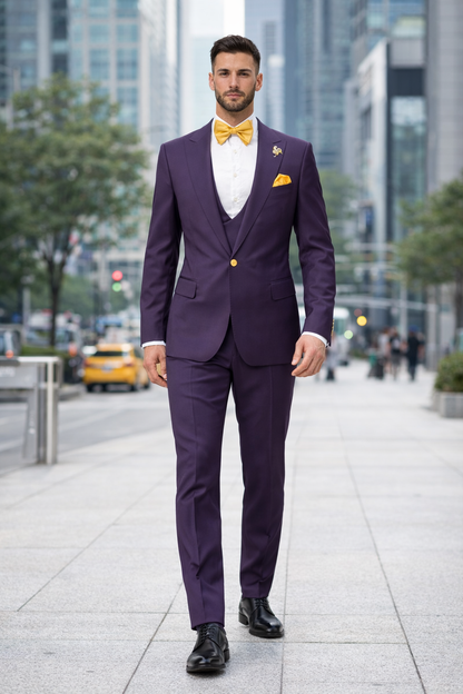 Plum Suit - Purple Suit With Gold Buttons With Double Breasted Vest - Rossiman Suits