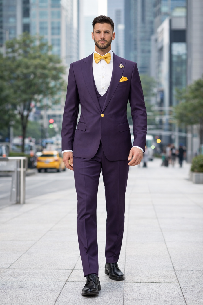 Plum Suit - Purple Suit With Gold Buttons With Double Breasted Vest - Rossiman Suits