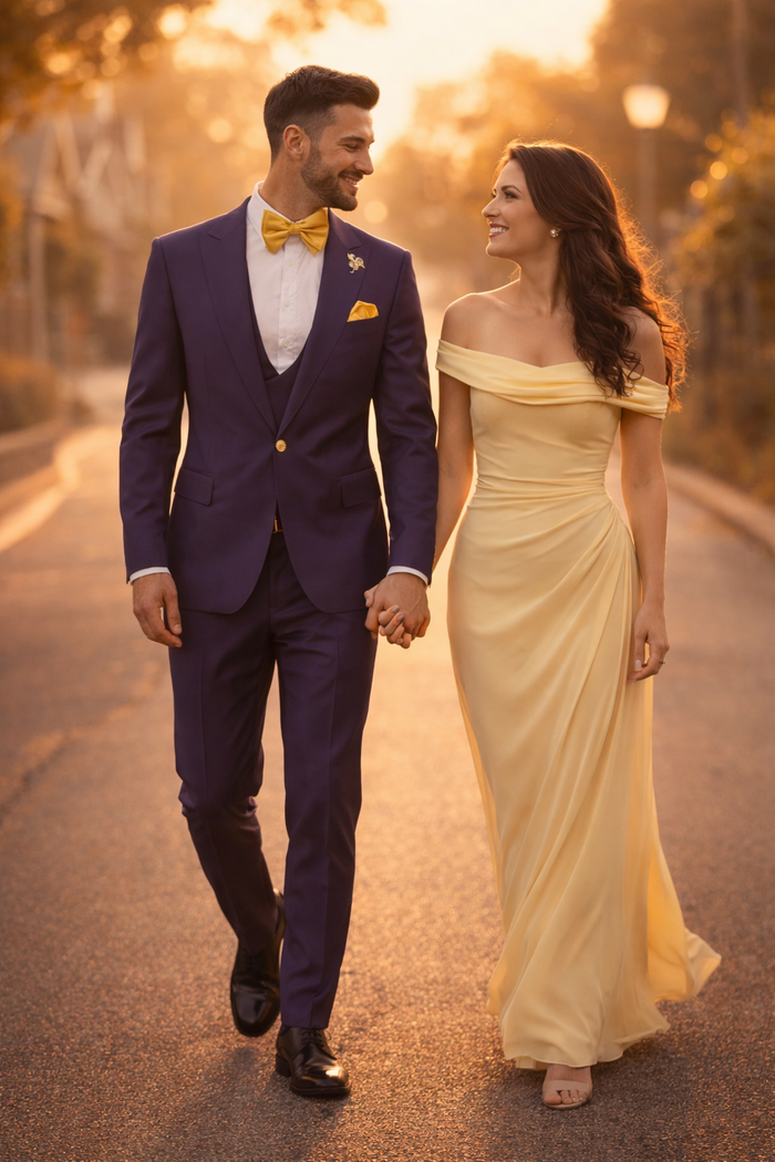 Plum Suit - Purple Suit With Gold Buttons With Double Breasted Vest - Rossiman Suits