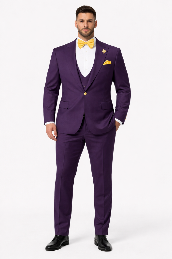 Plum Suit - Purple Suit With Gold Buttons With Double Breasted Vest - Rossiman Suits