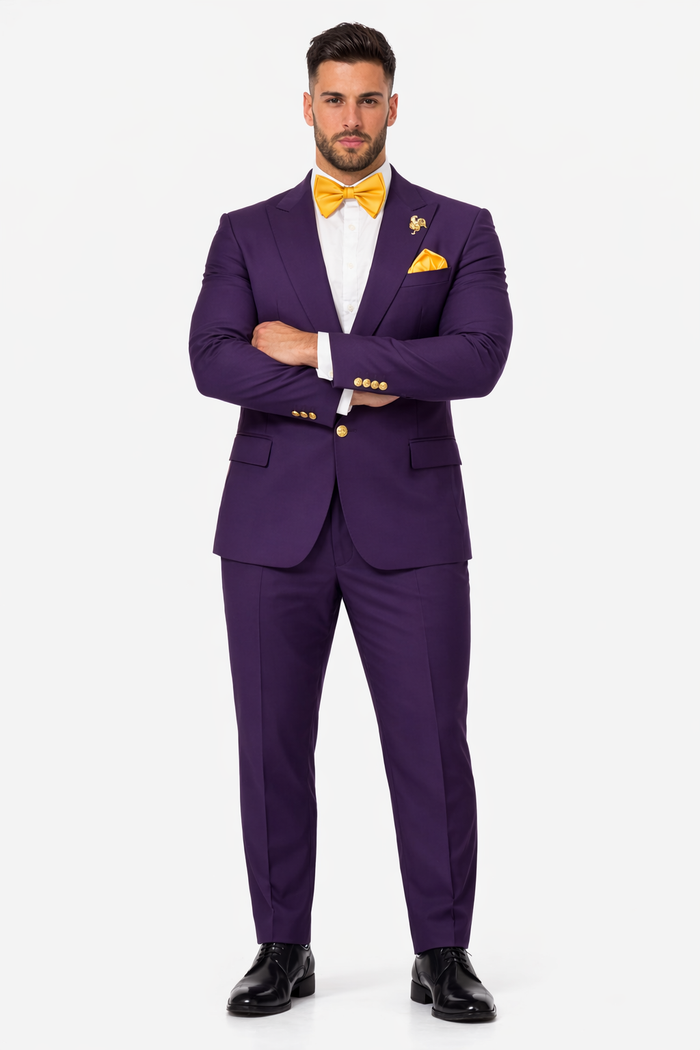 Plum Suit - Purple Suit With Gold Buttons With Double Breasted Vest - Rossiman Suits