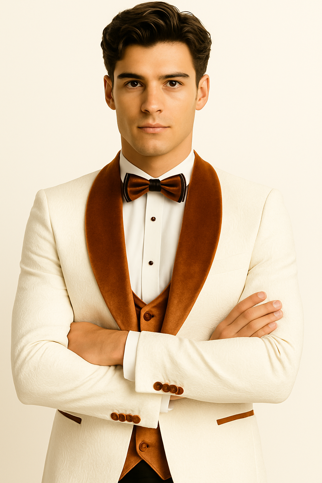 Mens Groom Wedding Shawl Collar - Paisley Burnt Orange Velvet 4pc Suit W/ Matching Bowtie