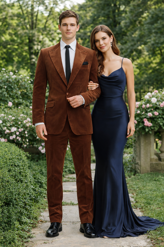 Mens Brown Velvet 2-Piece Suit  Luxury Slim Fit Formal Blazer and Pants Set in Rust Copper Color
