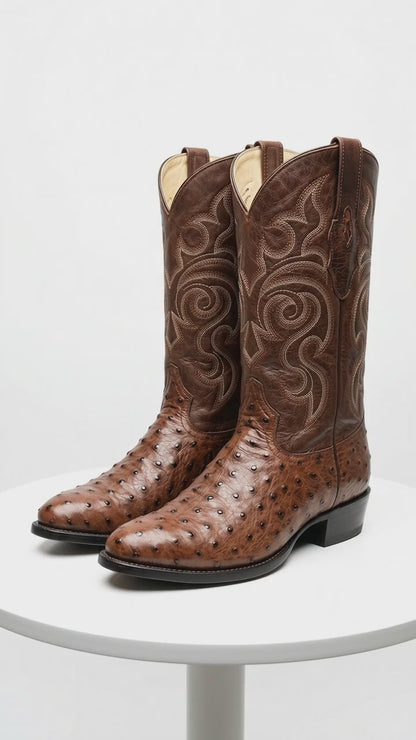 Men’s Los Altos Kango Tabac Genuine Ostrich Round Toe Boots, Exotic Western Cowboy Dress Boots