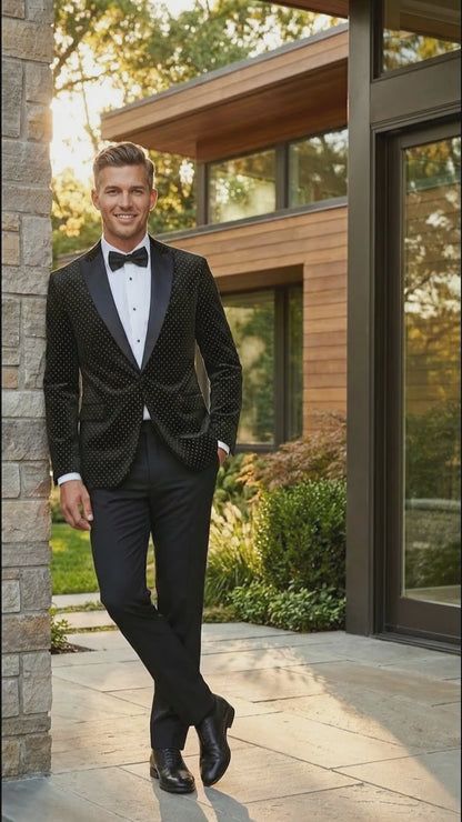 Men’s Black Velvet Dinner Jacket Blazer with Satin Lapel – Formal Evening Tuxedo Style Jacket Polk Dots Pattern + Free bowtie
