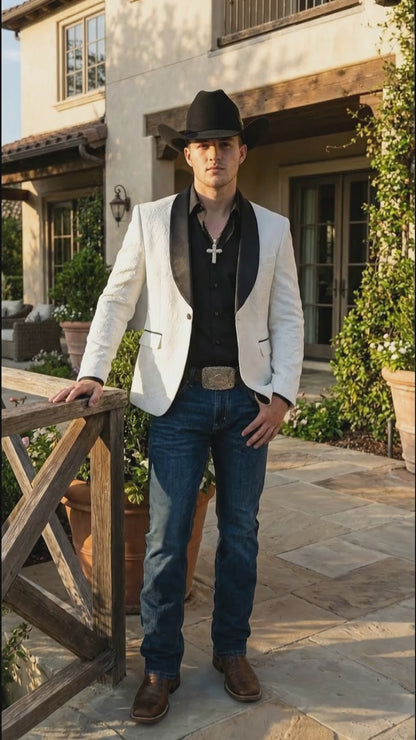 Men’s White Cowboy Blazer with Black Shawl Lapel – Western Formal Jacket for Wedding and Special Events