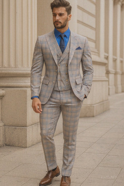 Trendy Plaid Three-Piece Suit  Mens Elegant Formal Attire