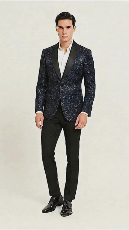 Mens Navy Blue Sequin Tuxedo Jacket with Black Satin Shawl Lapel  Luxury Prom and Wedding Blazer