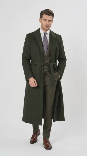 Men’s Blade Runner K Inspired Olive Green Wool Duster Coat – Long Vintage Sci-Fi Overcoat