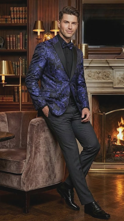 Mens Royal Blue Paisley Jacquard Blazer – Luxury Pattern Tuxedo Dinner Jacket with Black Satin Lapel for Wedding, Prom With Bowtie