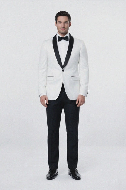 Mens 1 Button Shawl Lapel Dinner Jacket in White with Black Lapels