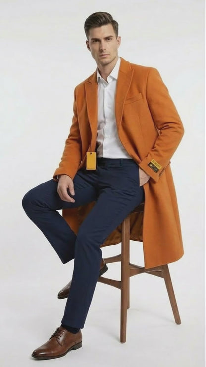 Mens Orange - Rust Wool Blend Long Overcoat  Topcoat Carcoat Topcoat