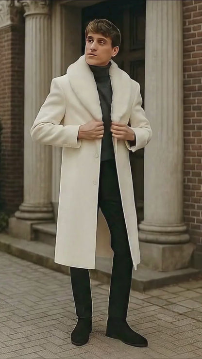 Mens Ivory Full-Length Overcoat with Luxurious Faux Fur Shawl Collar  Cream Winter Dress Coat Off White Color